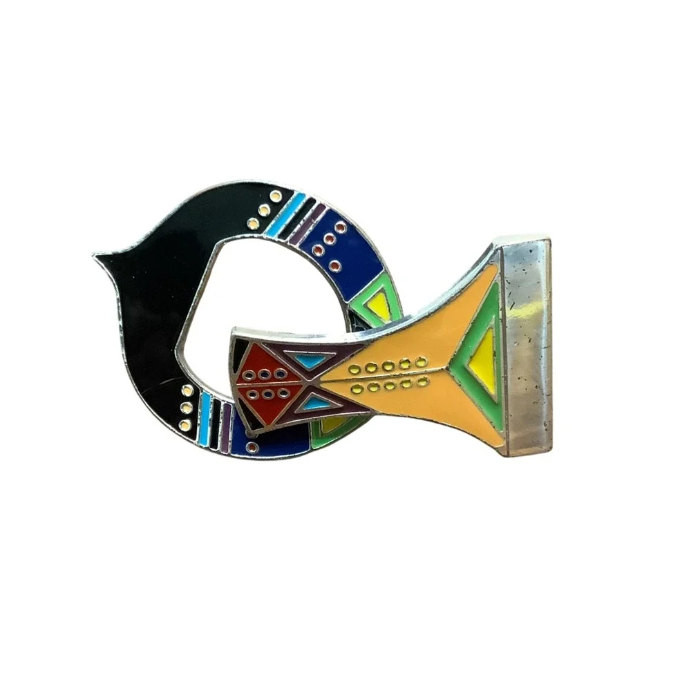 Vtg Chicos Black Leather Belt Geometric Enamel Buckle Multi Color‎ Abstract M/L
